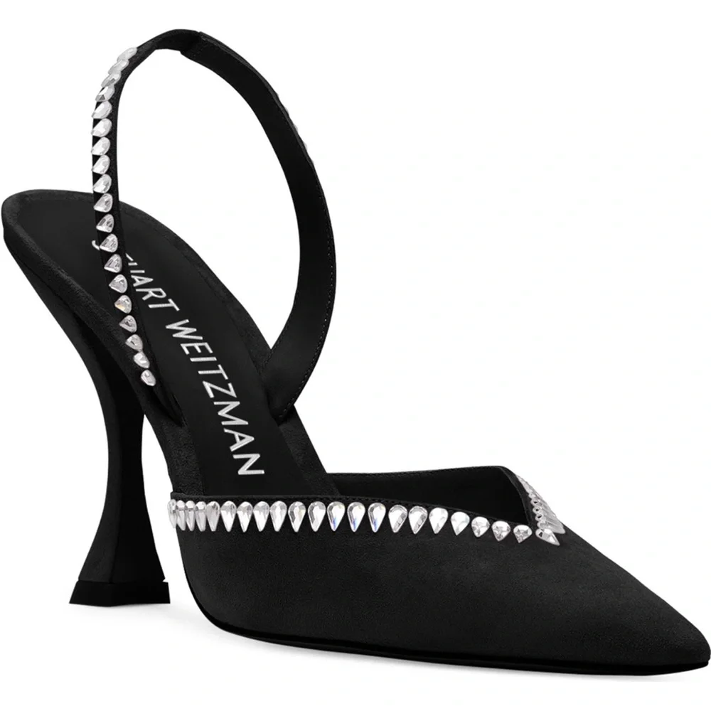 Stuart Weitzman Women’s Black Pointed Slingback Pump with Crystal Trim